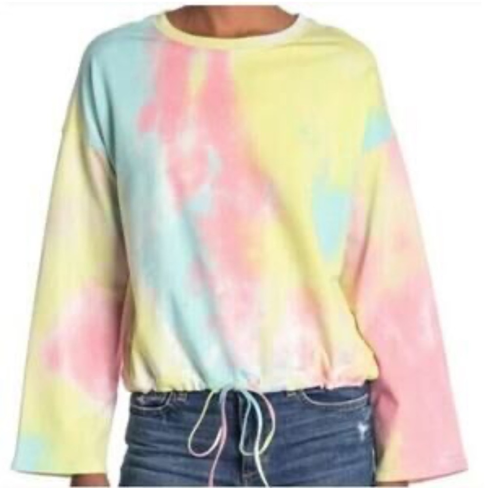 NWT 14th & Union Tie Dye Drawstring Waist Pullover Sweater yellow blue pastel L